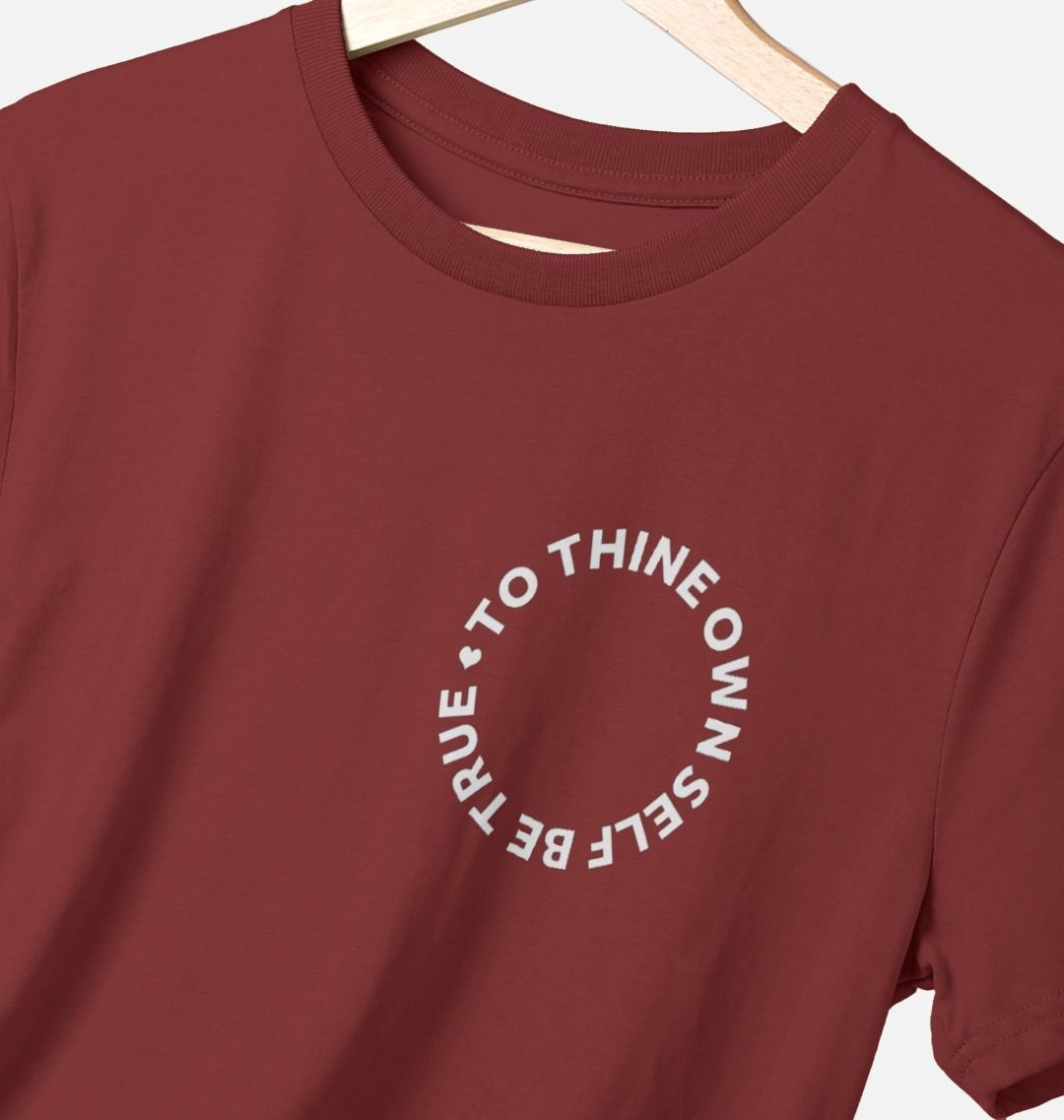 wine red t-shirt with a circular white text print to the left chest