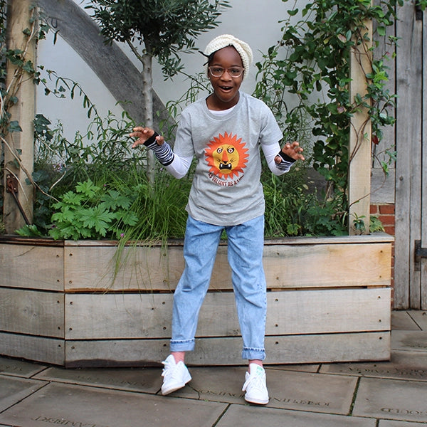 Grey marled Shakespeare t-shirt for children featuring an orange and yellow graphic lion face and black and orange graphic text