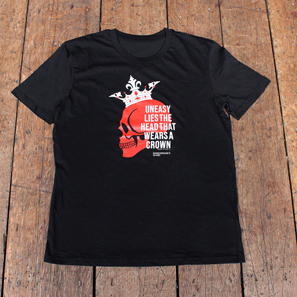 Black standard fit t-shirt with red graphic skull on centre front wearing white crown with white text overlaid
