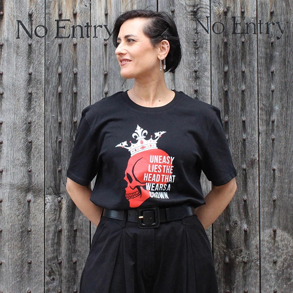 Black standard fit t-shirt with red graphic skull on centre front wearing white crown with white text overlaid