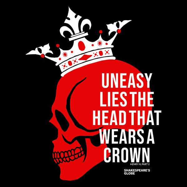 Black standard fit t-shirt with red graphic skull on centre front wearing white crown with white text overlaid, closeup
