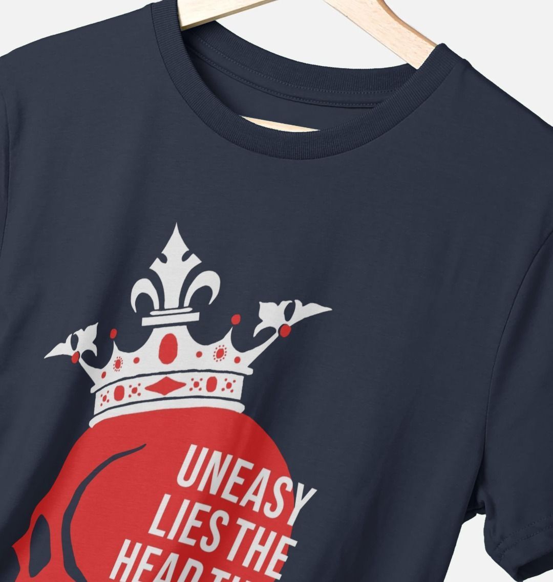Navy standard fit t-shirt with red graphic skull on centre front wearing white crown with white text overlaid