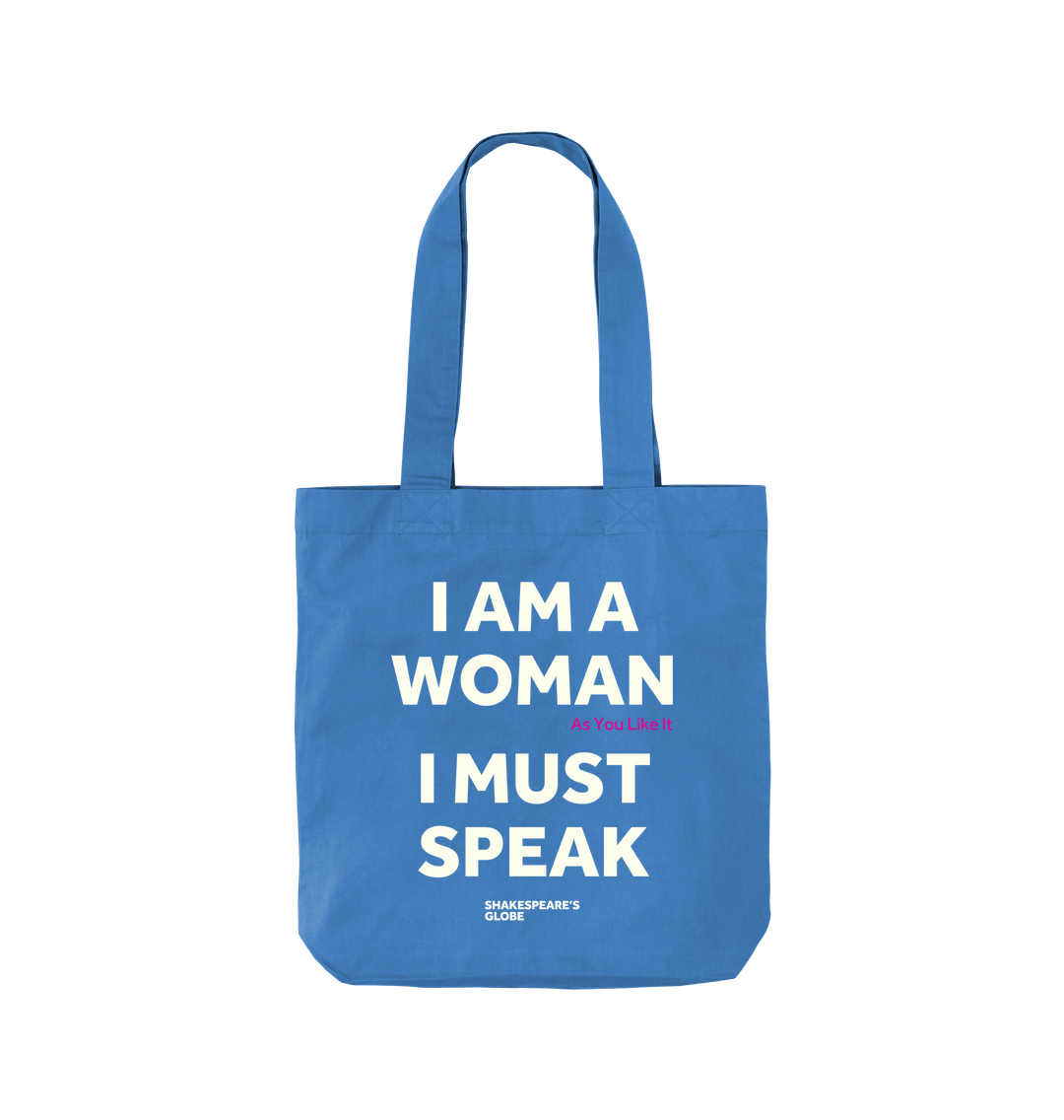 Cornflower Blue cotton tote bag with white graphic text print on it