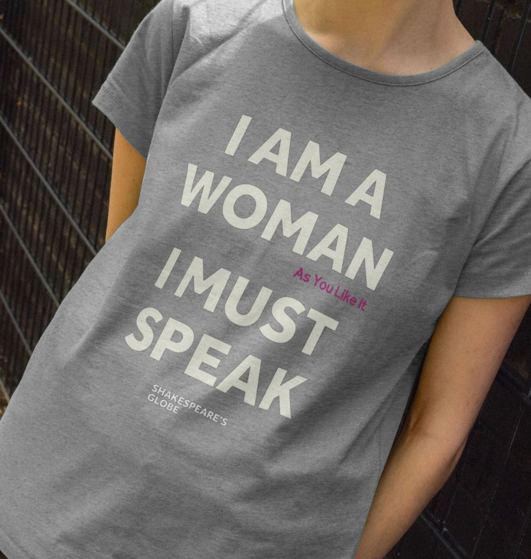 Heathered grey fitted ladies t-shirt with white graphic font on the centre front