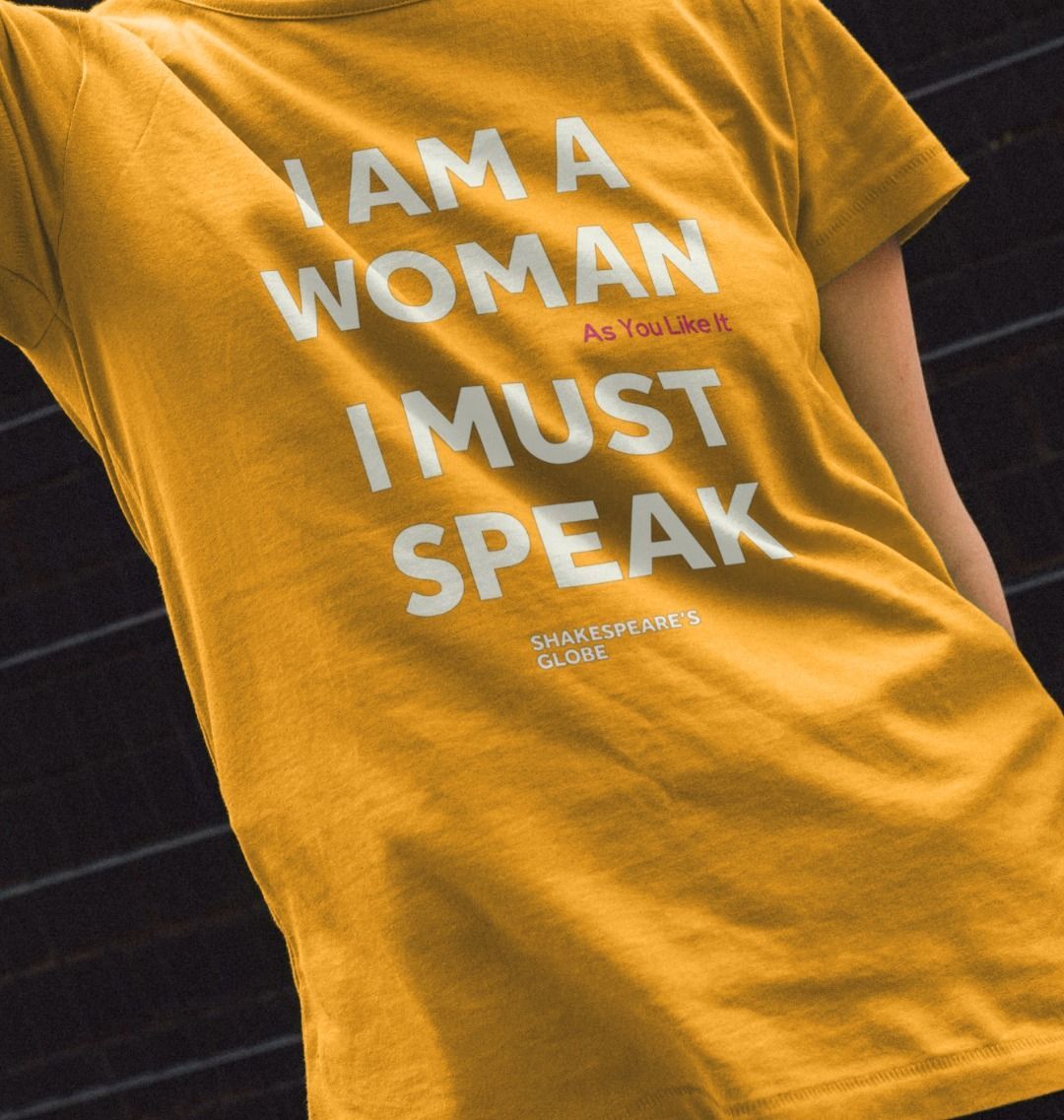 Mustard yellow fitted ladies t-shirt with white graphic font on the centre front