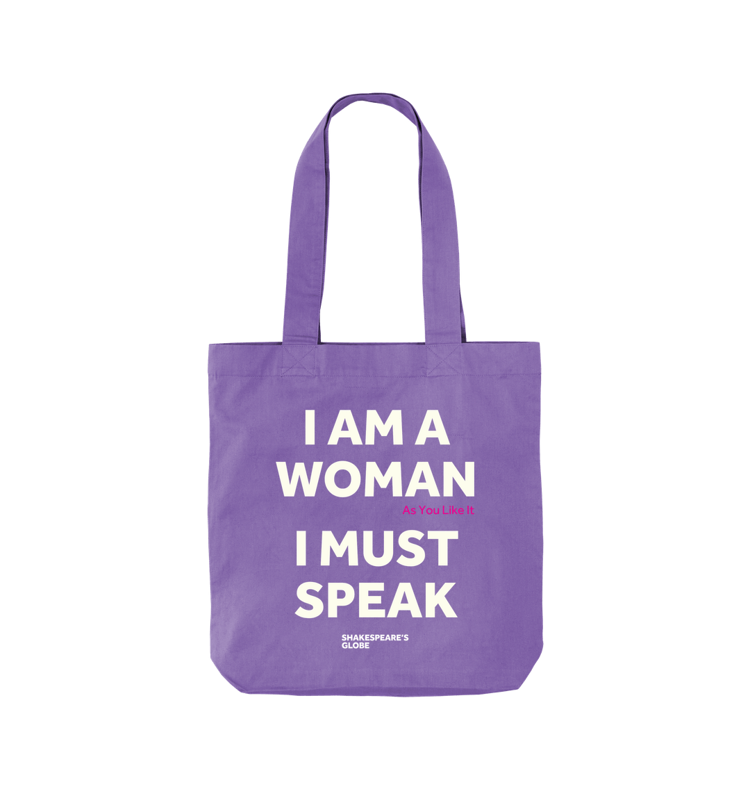 Violet cotton tote bag with white graphic text print on it