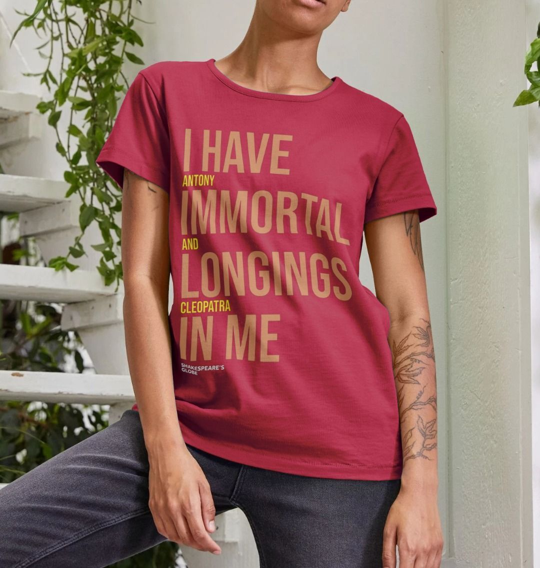Maroon women's fit t-shirt with orange and yellow block text across the front