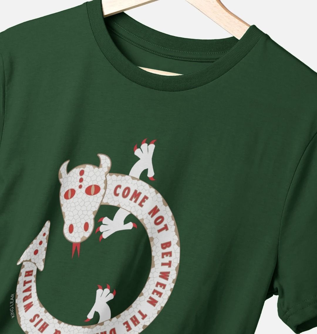 green cotton t-shirt with a white dragon print on the chest
