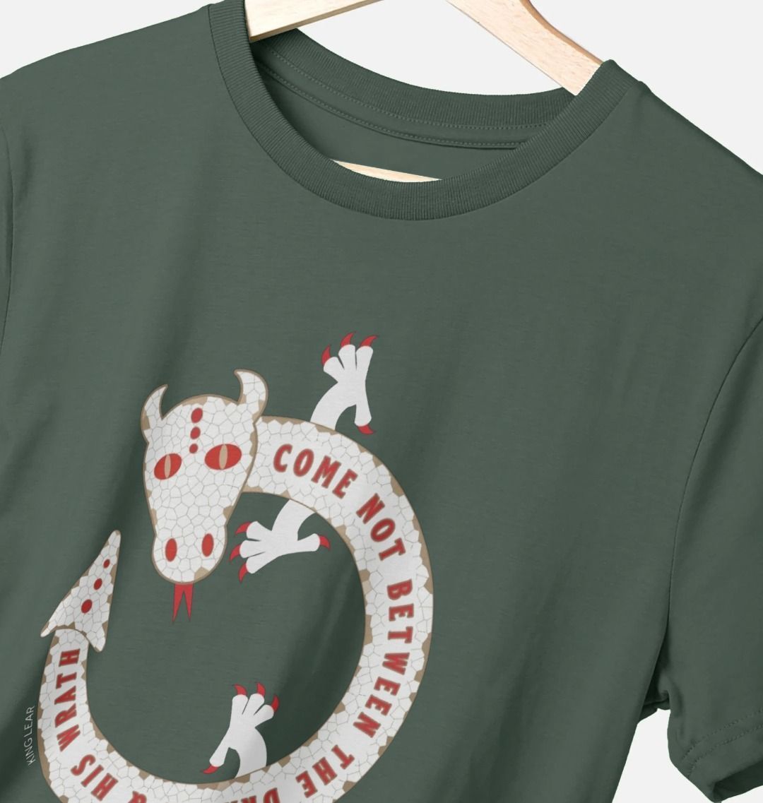 grey cotton t-shirt with a white dragon print on the chest