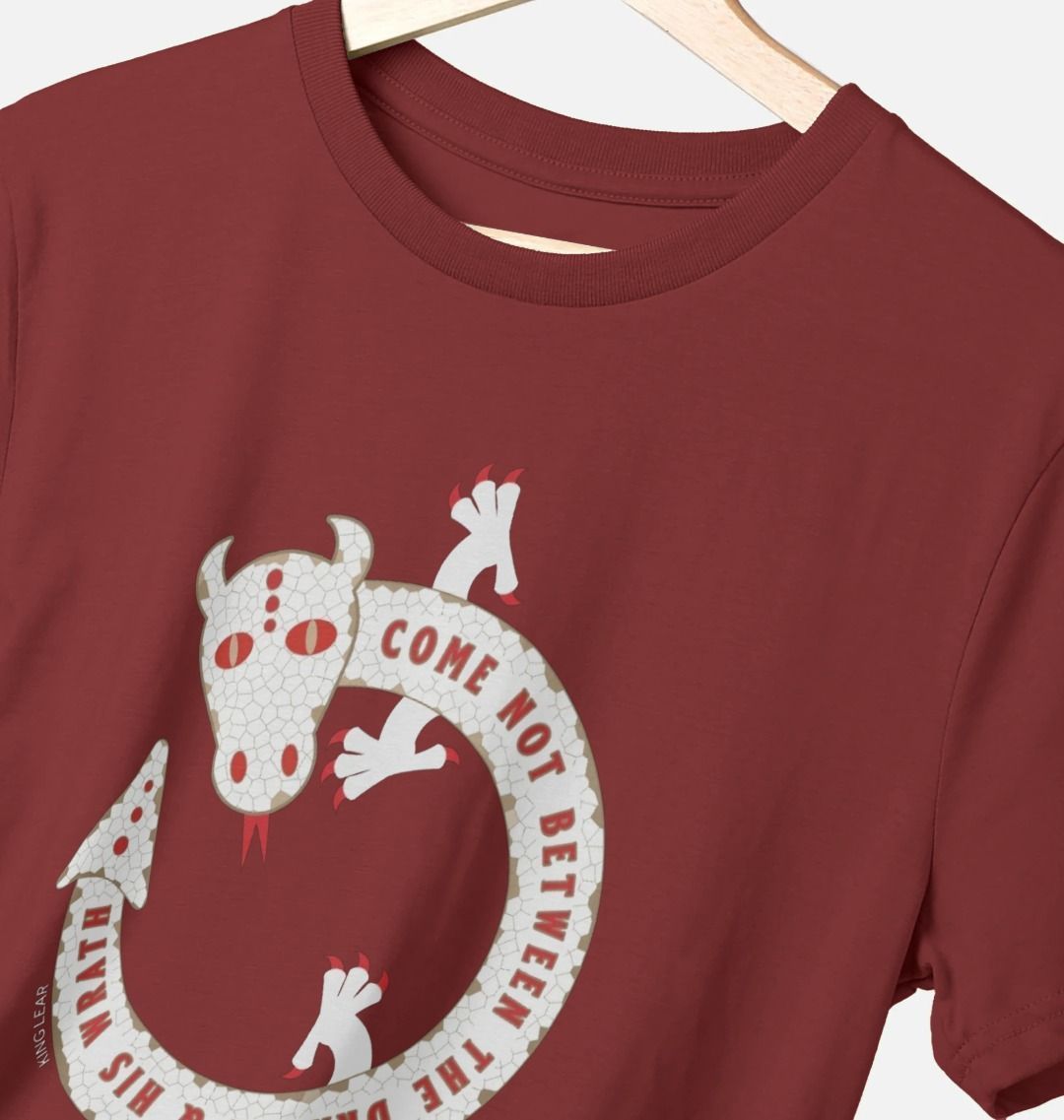Wine red cotton t-shirt with a white dragon print on the chest