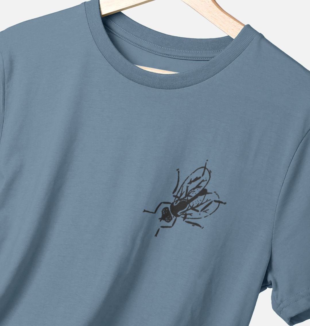 Standard fit cotton t-shirt with black fly graphic on upper left chest on stone blue t-shirt