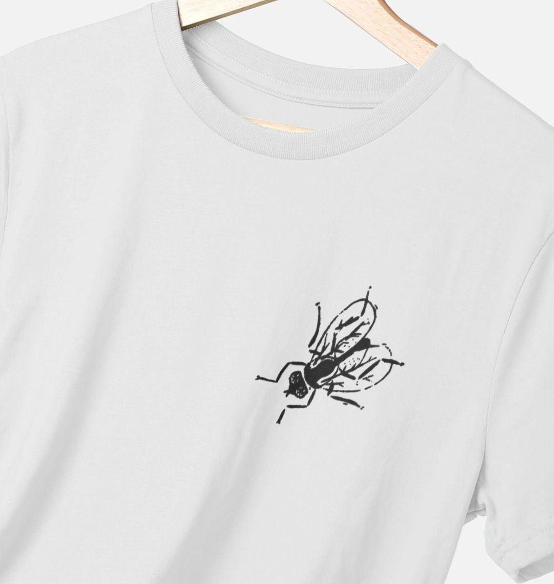Standard fit cotton t-shirt with black fly graphic on upper left chest on white t-shirt