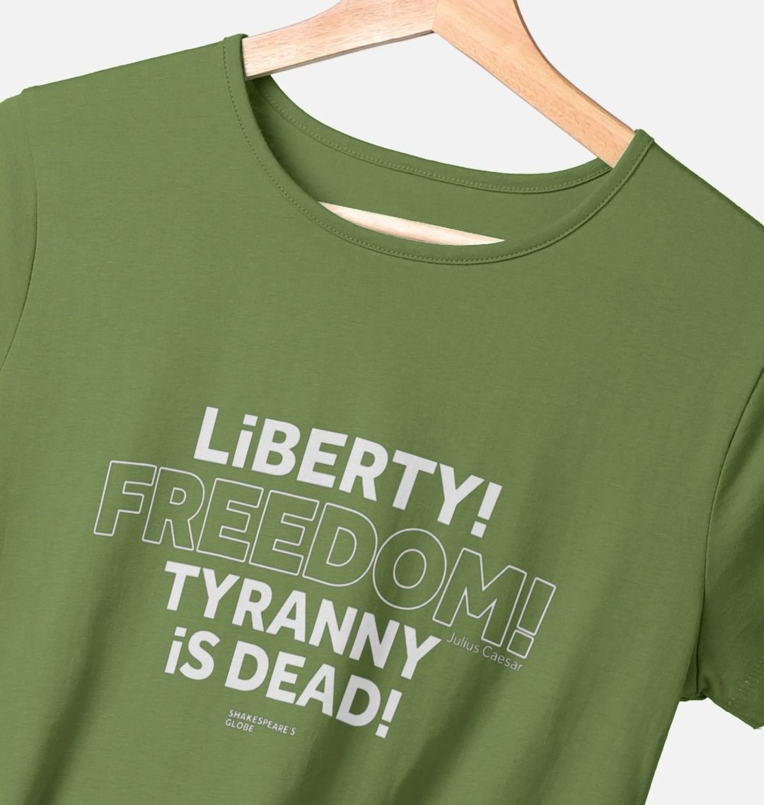 Green fitted t-shirt with centre front graphic text in white colour, all letters filled in except for the word Freedom which is outlined in white only