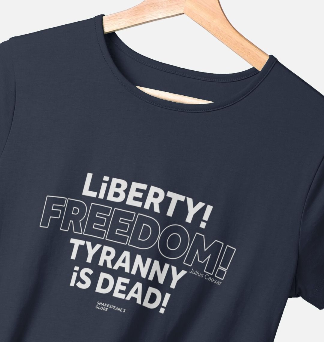 Navy fitted t-shirt with centre front graphic text in white colour, all letters filled in except for the word Freedom which is outlined in white only