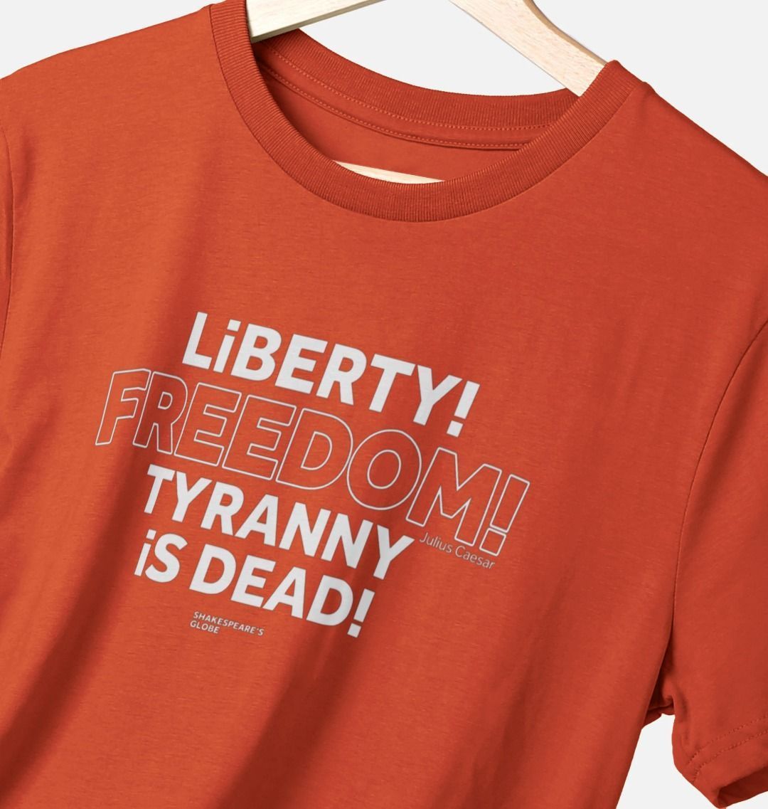Orange standard fit t-shirt with centre front graphic text in white colour, all letters filled in except for the word Freedom which is outlined in white only