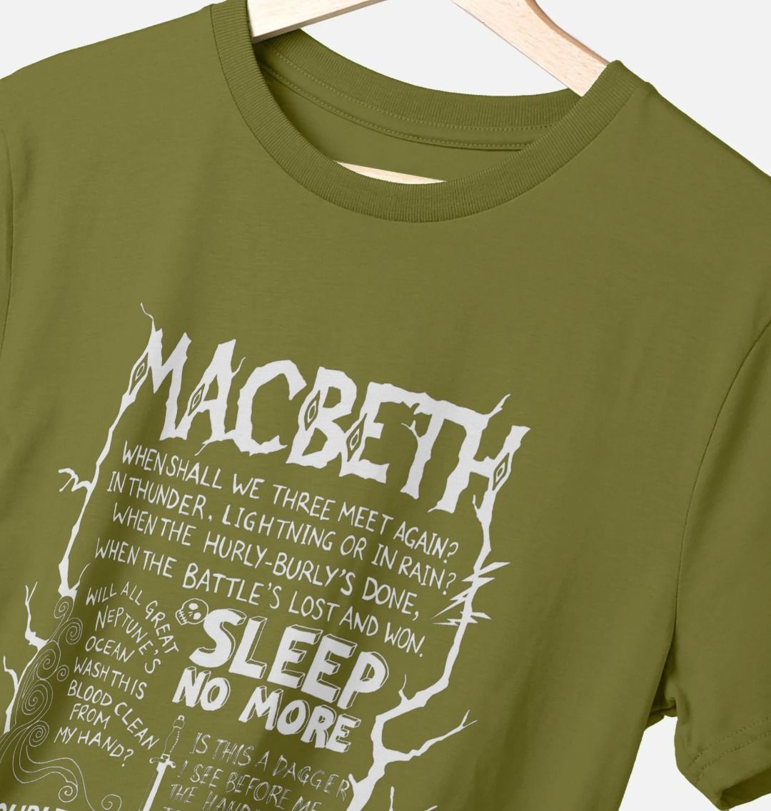Moss green cotton unisex t-shirt with white graphic text and doodle style drawings covering the front