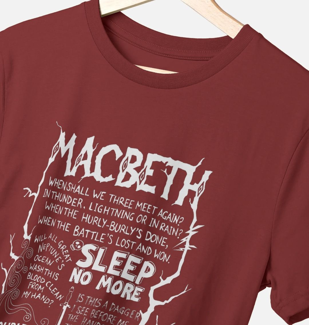 Wine red cotton unisex t-shirt with white graphic text and doodle style drawings covering the front