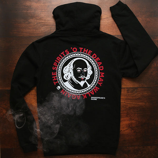 Black hoody back with large circular graphic of zombie William Shakespeare with red quote text
