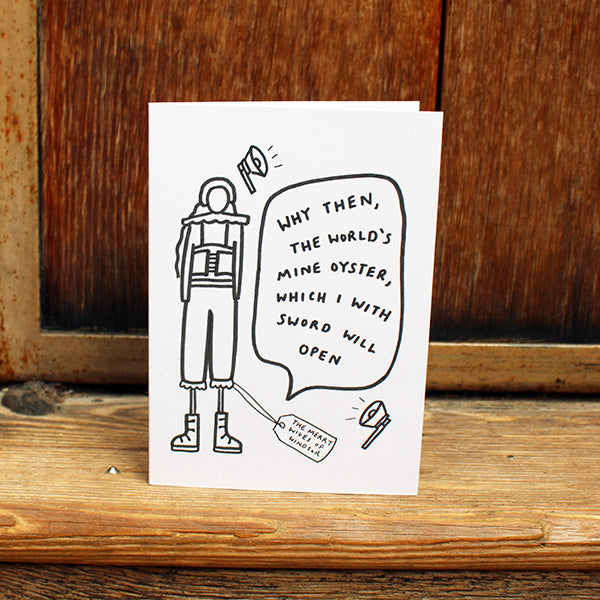 white greetings card with a black pen illustration