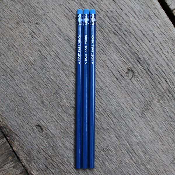 Royal blue pencil with matching eraser, stamped with white text