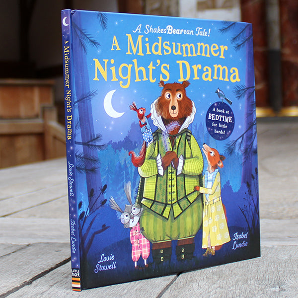 Hardback blue book with yellow text and cartoon Shakespearean bear dressed in green