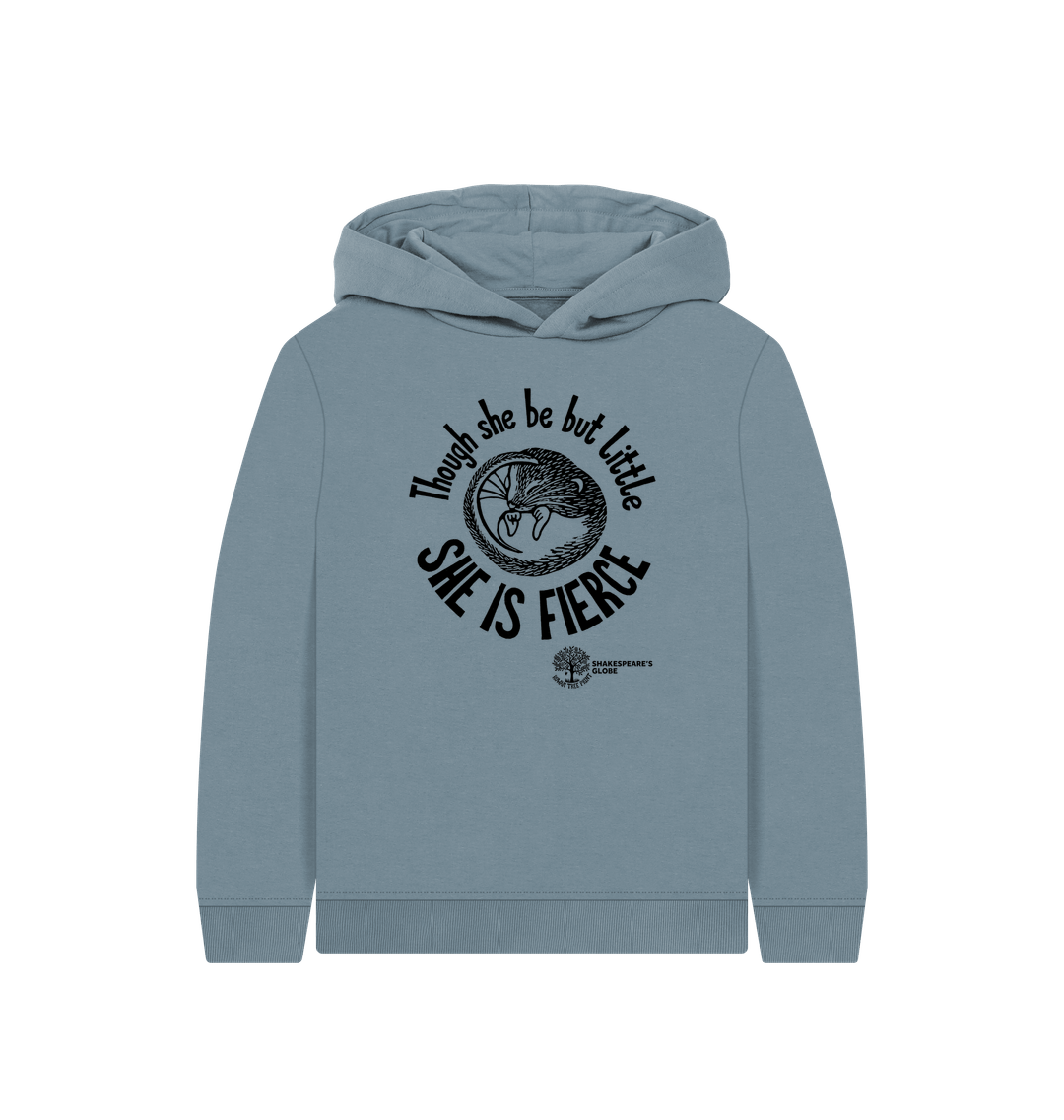 Blue hoodie with text and graphic design on a white background