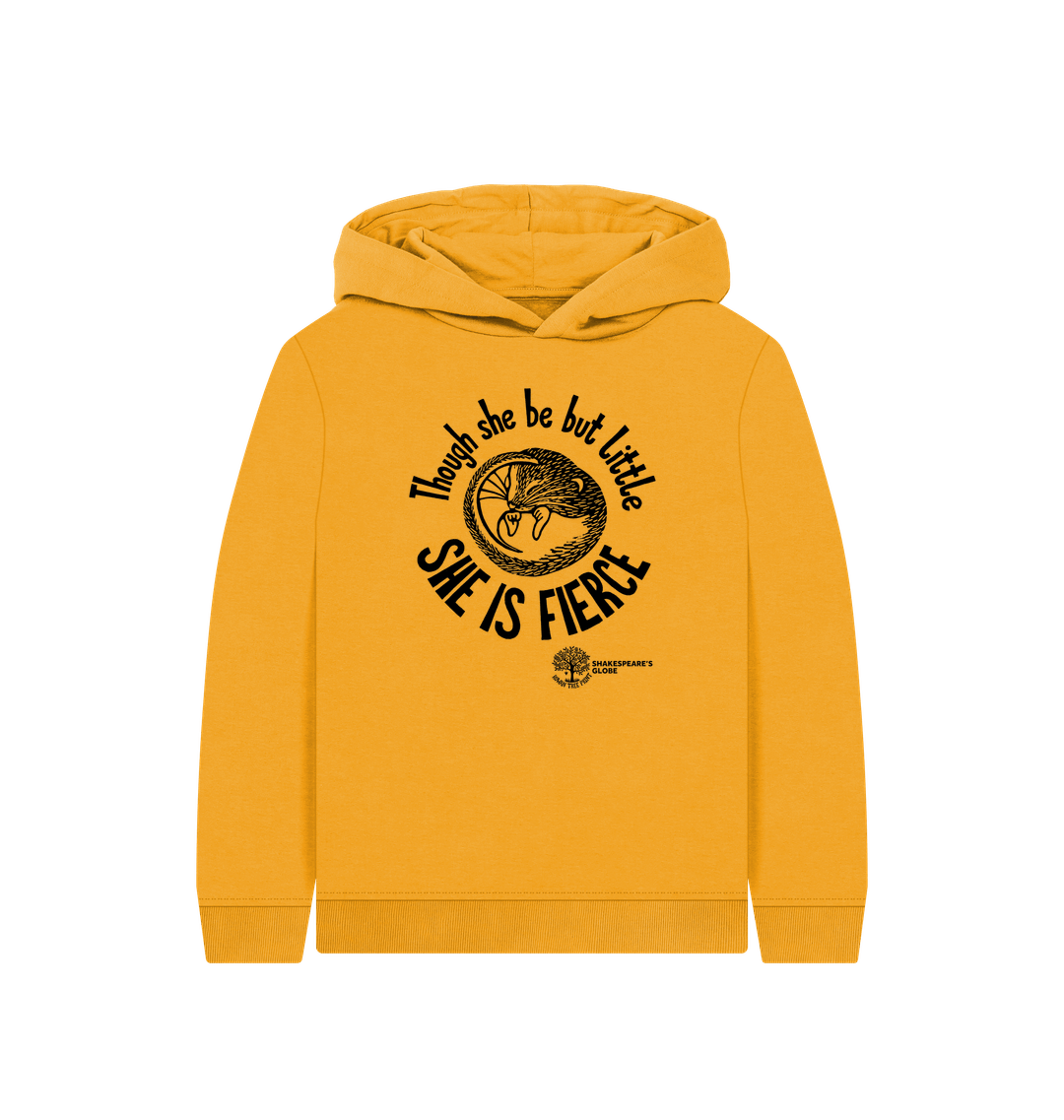 Yellow hoodie with black text and graphic on a white background