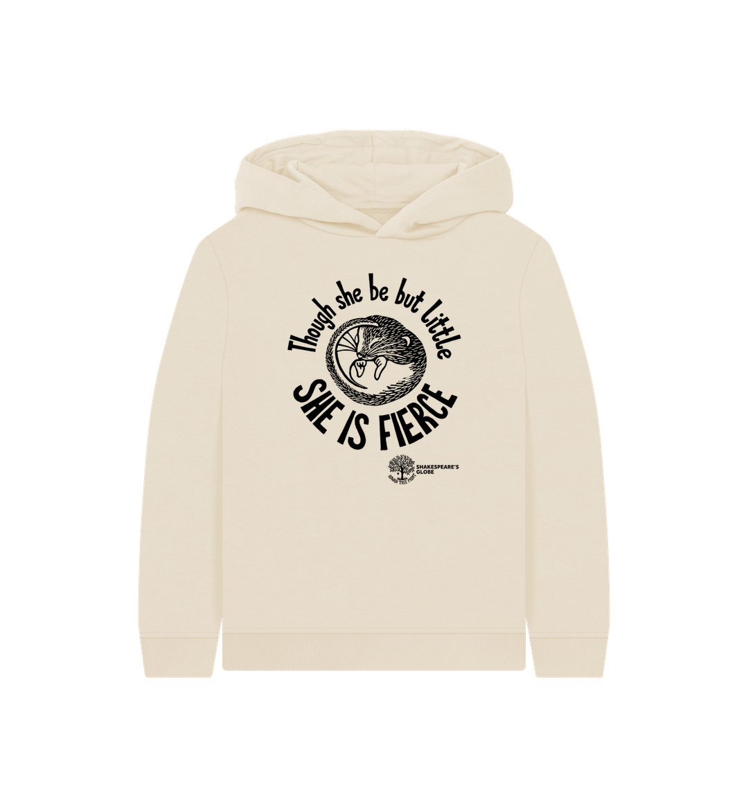 Beige hoodie with black text and graphic on a white background