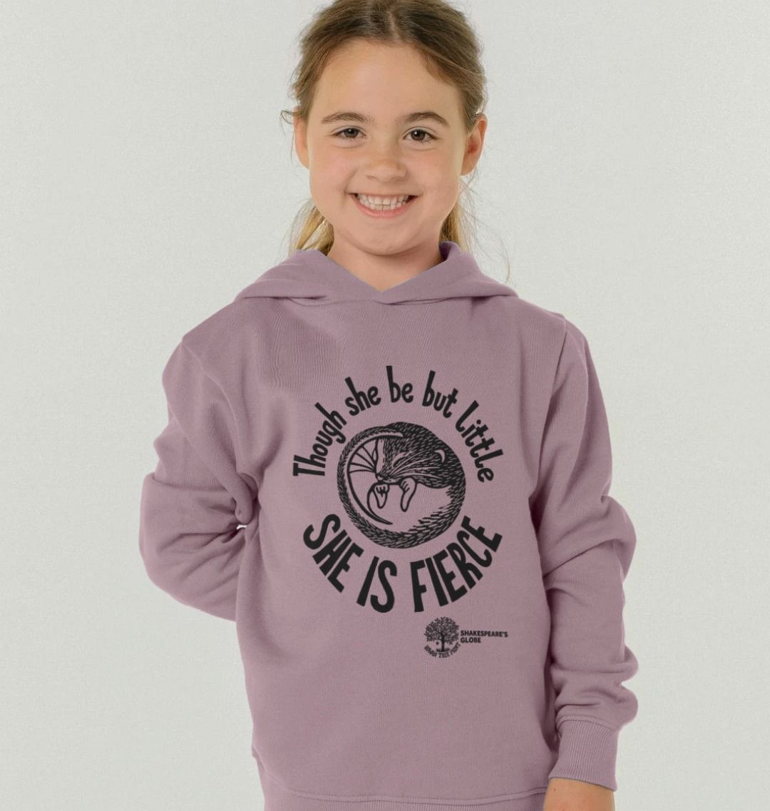 Young girl wearing a mauve hoodie with text and logo on a white background
