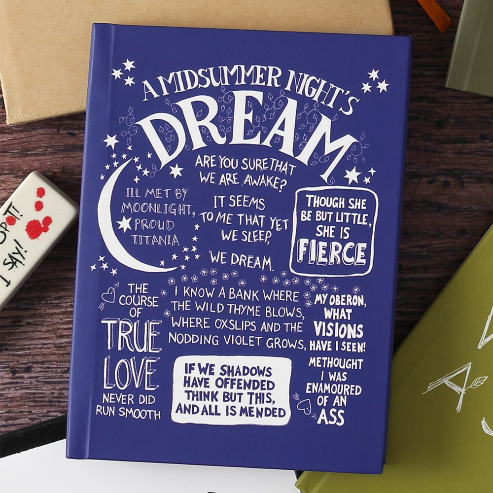 Blue A6 sized hardback journal printed with well known quotes from Shakespeare play, A Midsummer Night's Dream, in white