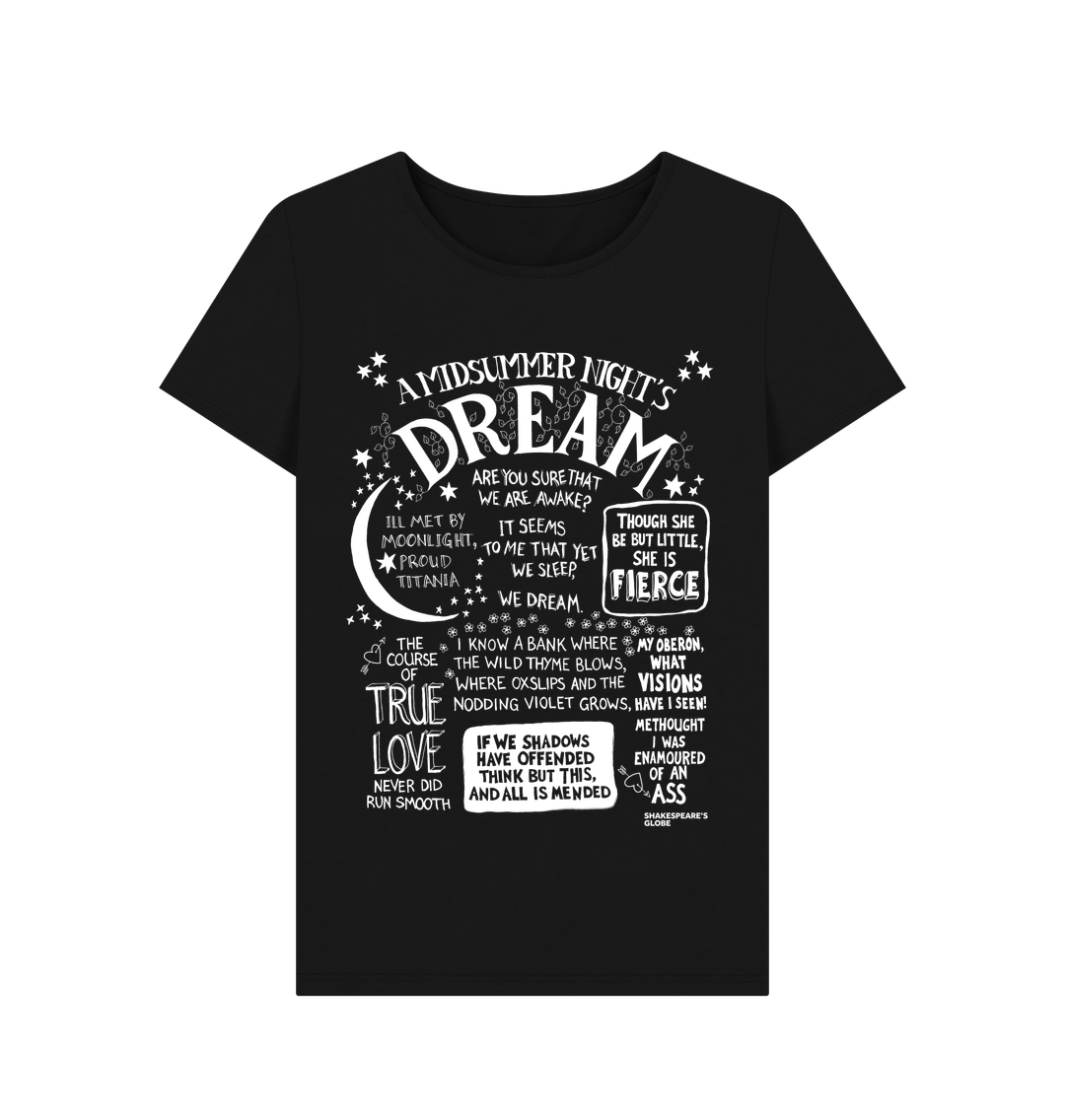 Black fitted t-shirt with large front graphic print in white with stylised font depicting A Midsummer Night's Dream