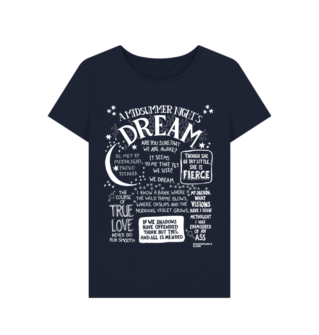 Navy blue fitted t-shirt with large front graphic print in white with stylised font depicting A Midsummer Night's Dream