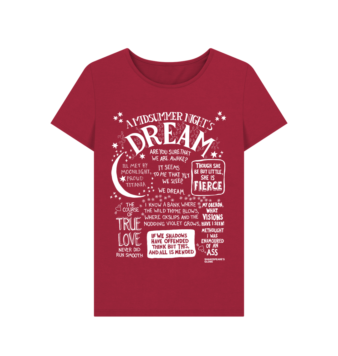 Red fitted t-shirt with large front graphic print in white with stylised font depicting A Midsummer Night's Dream
