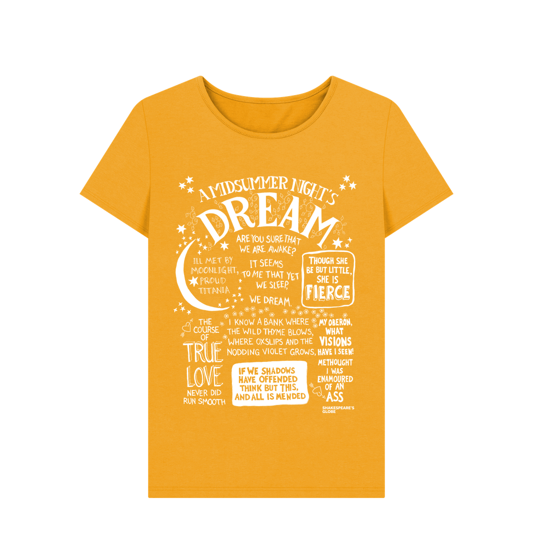 Yellow fitted t-shirt with large front graphic print in white with stylised font depicting A Midsummer Night's Dream