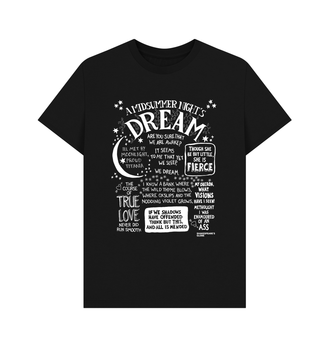 Black t-shirt with large front graphic print in white with stylised font depicting A Midsummer Night's Dream