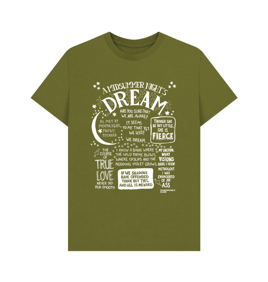 Moss Green t-shirt with large front graphic print in white with stylised font depicting A Midsummer Night's Dream