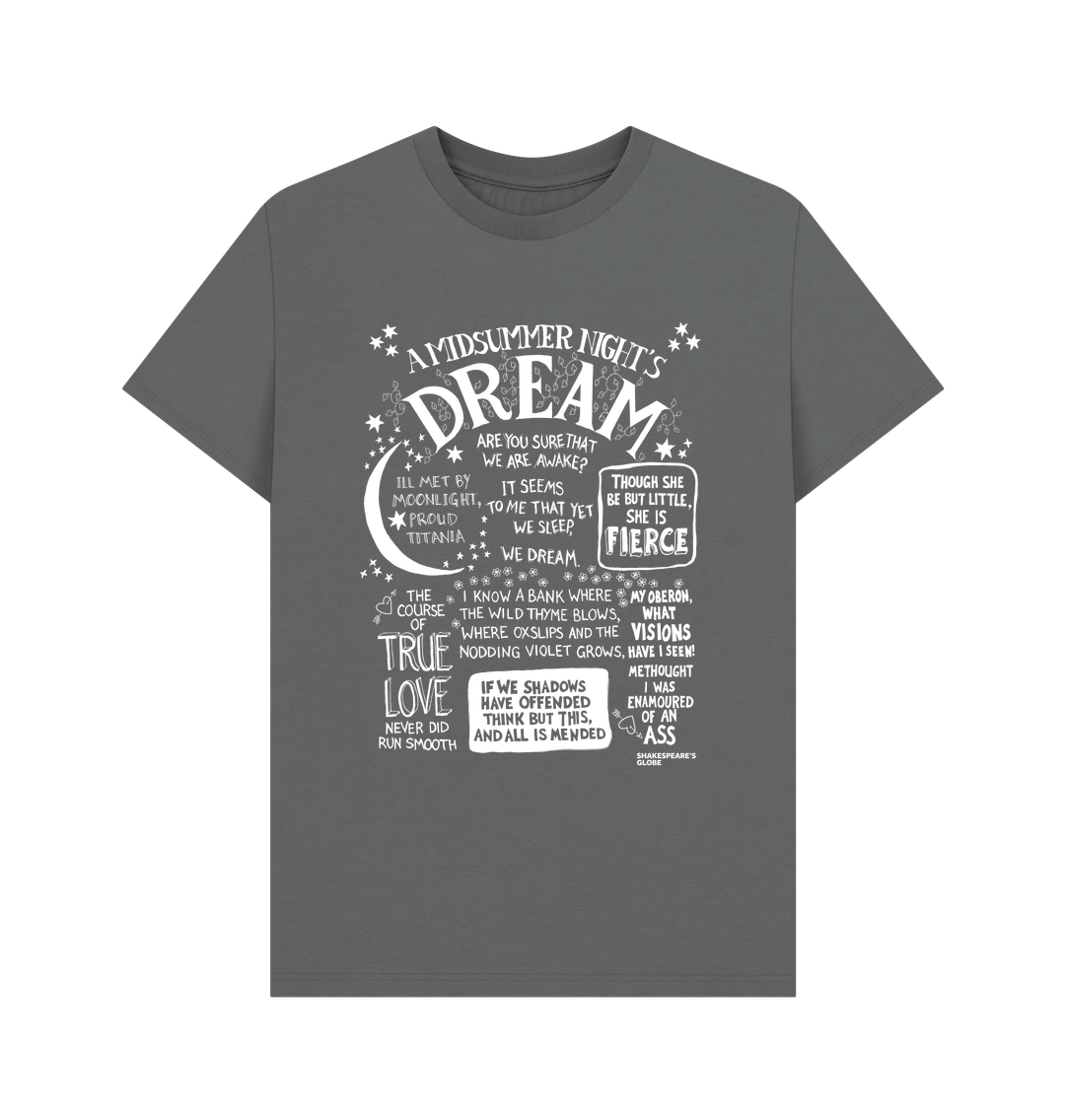 Slate Grey t-shirt with large front graphic print in white with stylised font depicting A Midsummer Night's Dream