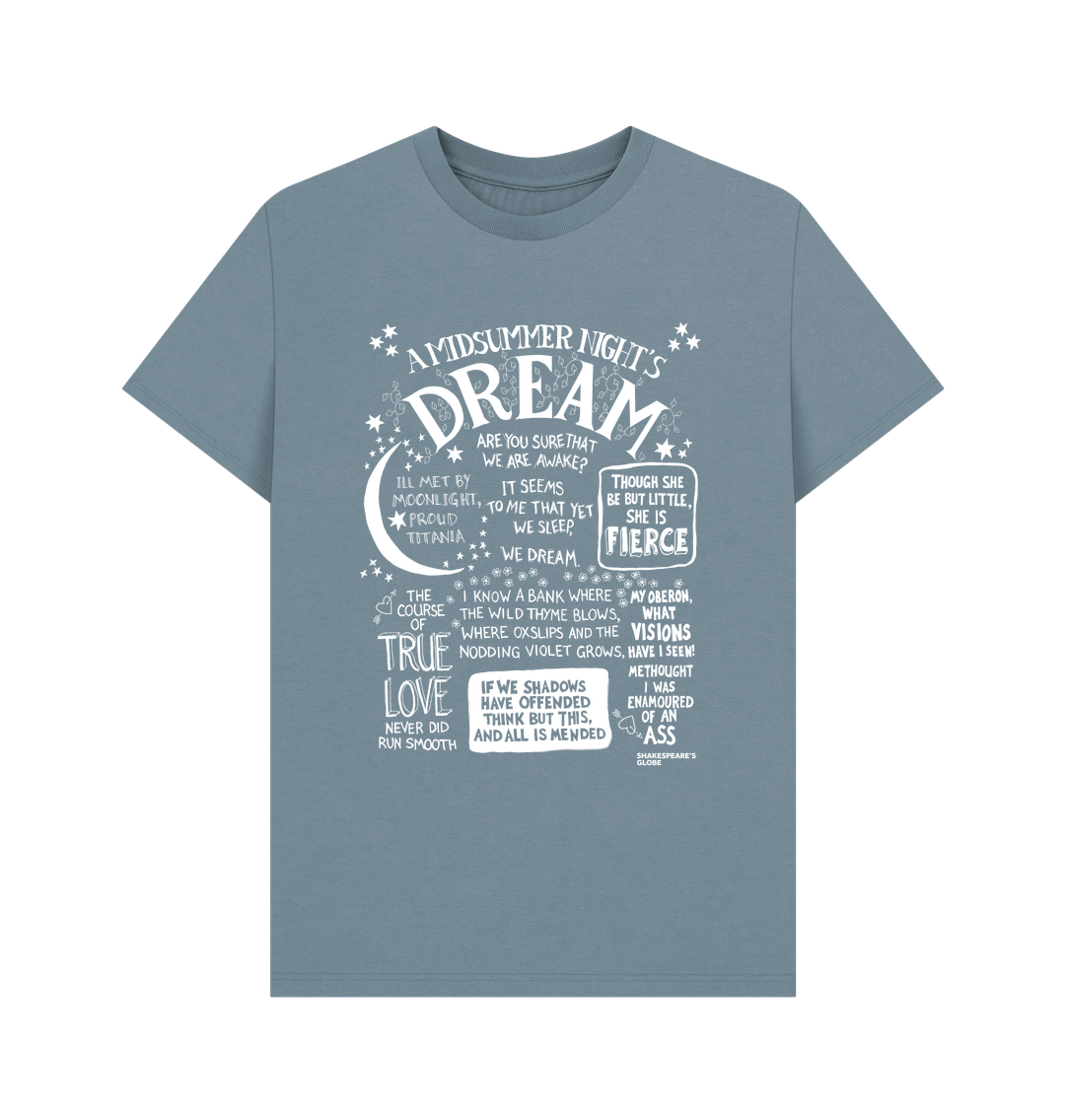 Stone Blue t-shirt with large front graphic print in white with stylised font depicting A Midsummer Night's Dream