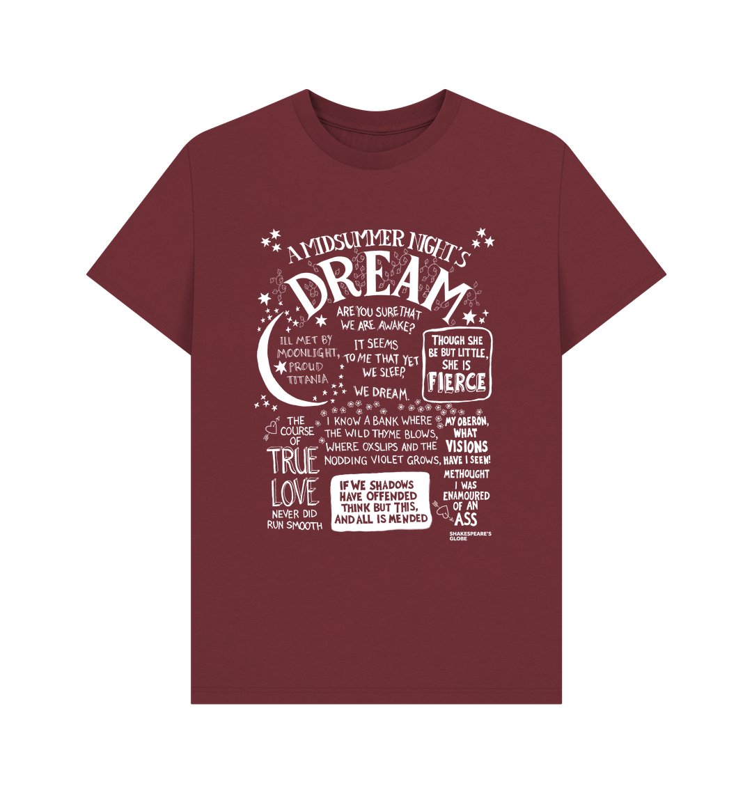 Red Wine t-shirt with large front graphic print in white with stylised font depicting A Midsummer Night's Dream