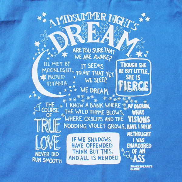 blue two handle tote bag with white front graphic text depicting A Midsummer Night's Dream