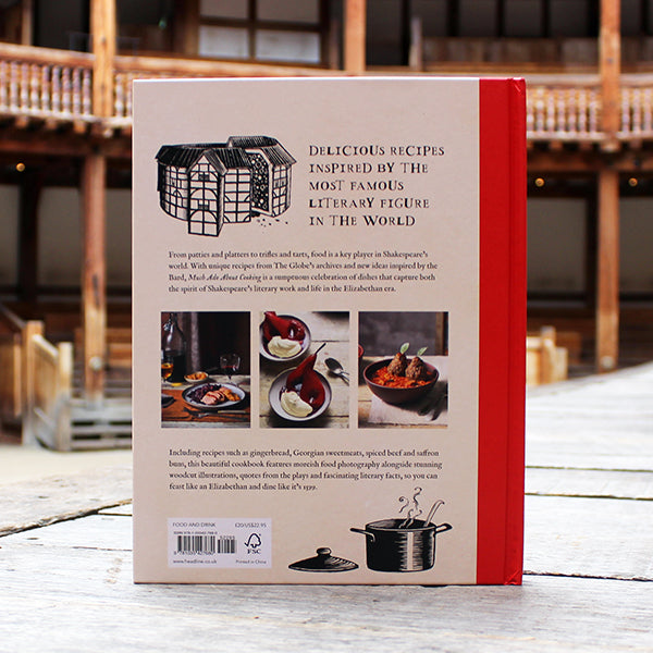 Back cover of a cookbook with pictures of food on a wooden stage