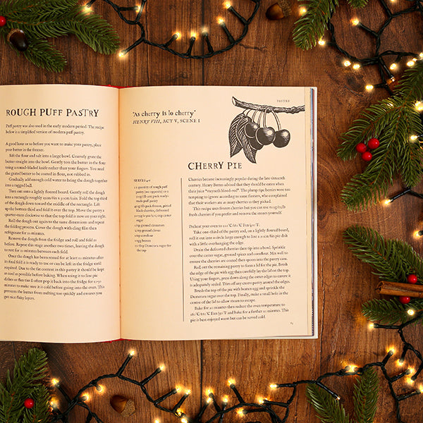 Open book on a wooden surface with Christmas decorations and lights