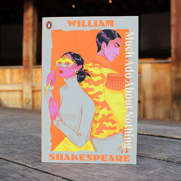 Book cover of 'Much Ado About Nothing' by William Shakespeare with colorful illustration on a wooden surface.