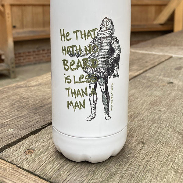 white water bottle with a print of an Elizabethan man and text