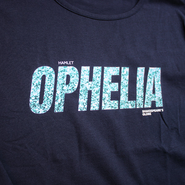 Navy blue t-shirt with 'Ophelia' in light blue text on a dark background