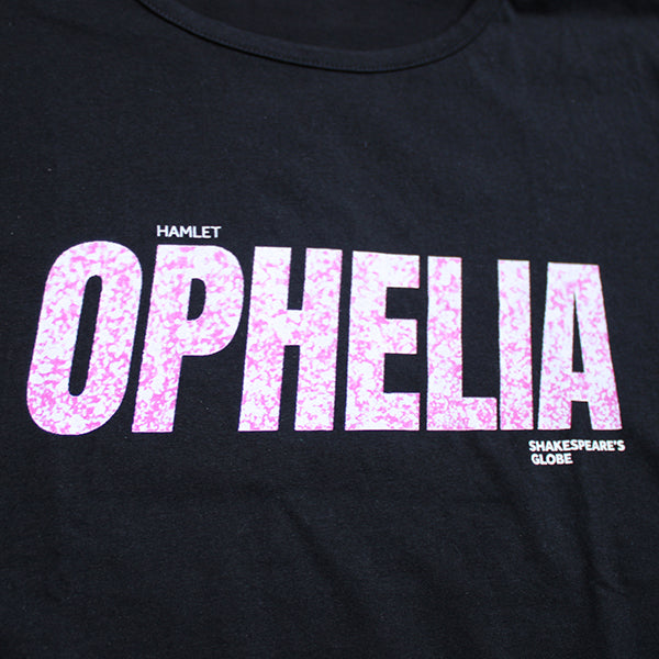 Black t-shirt with pink 'OPHELIA' text and Shakespeare's Globe logo