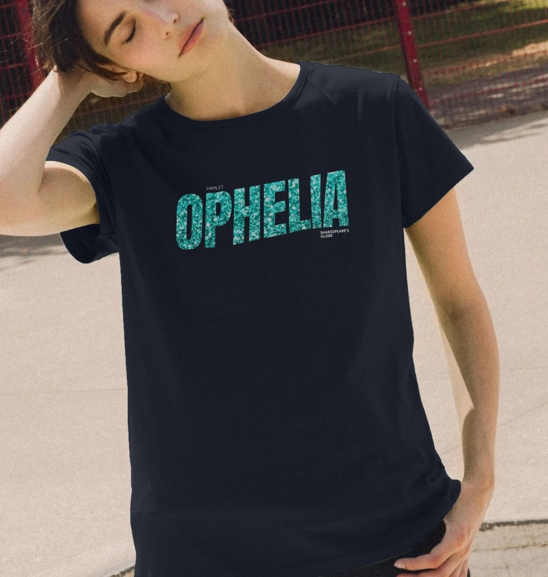 Person wearing a navy blue t-shirt with 'OPHELIA' printed in blue letters.