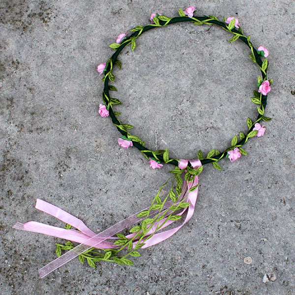 Faux flower, flower crown with greenery and pink flowers and ribbons