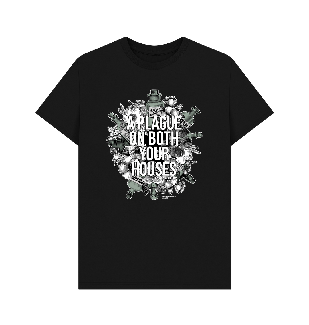 Black standard fit t-shirt with centre front graphic of poison bottles, flowers, and graphic white text