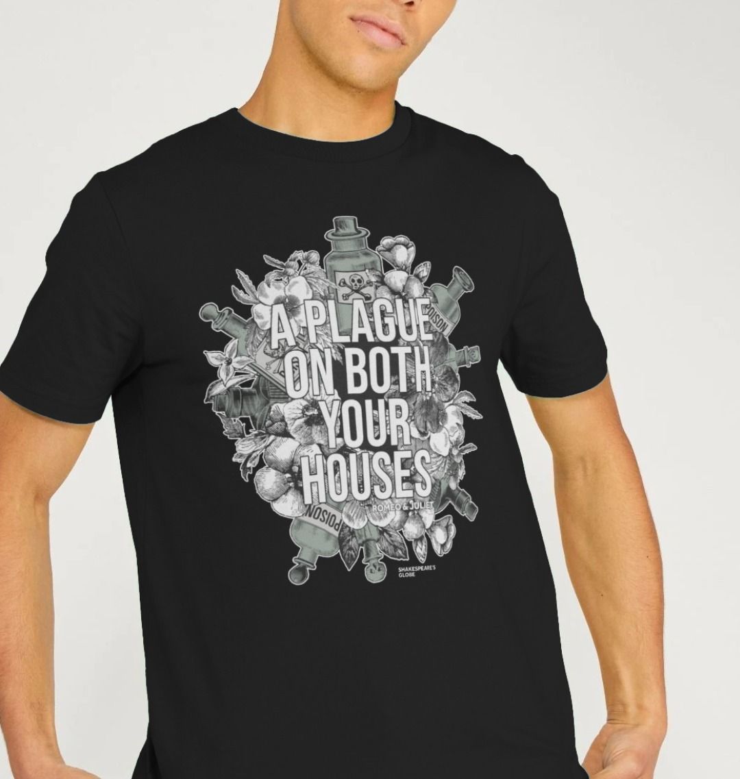 Black standard fit t-shirt with centre front graphic of poison bottles, flowers, and graphic white text